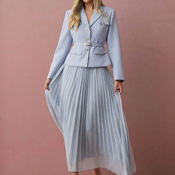 Blue Elegant Women's Blazer and Skirt Suit Set